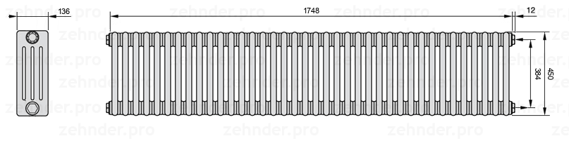 Схема (чертеж) Радиатор Zehnder Charleston 4045/38 №7610 Белый глянцевый RAL 9016